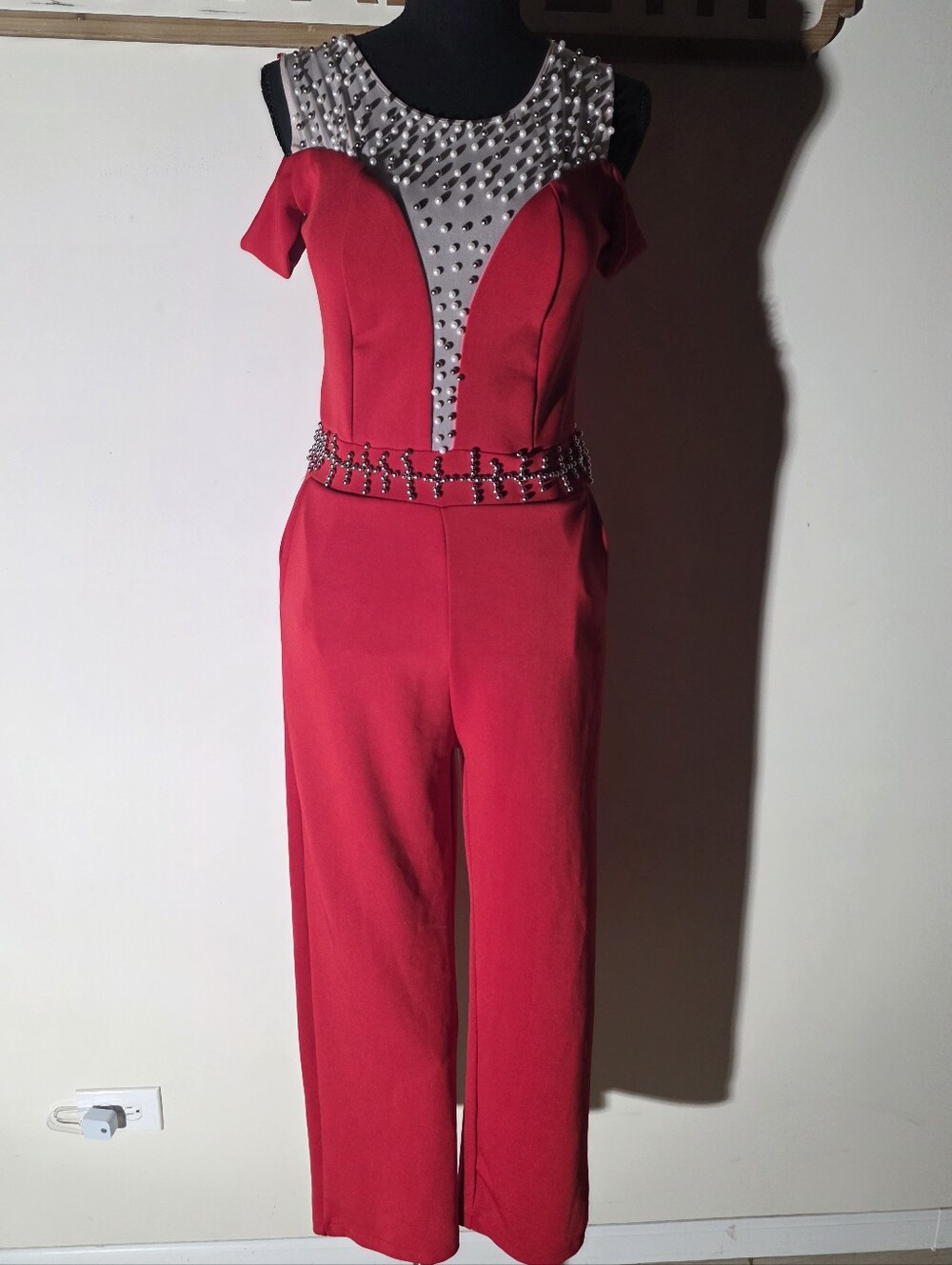 Bobbie Brooks Red Jeweled Cold-Shoulder Jumpsuit (Size M/L)